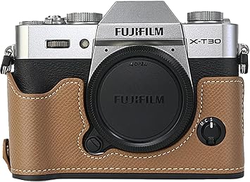 X-T30 Case, BMAOLLONGB Handmade PU Carbon Fibre Leather Half Camera Case Bag Cover Bottom Opening Version for Fujifilm X-T30 XT30 with Hand Strap Brown