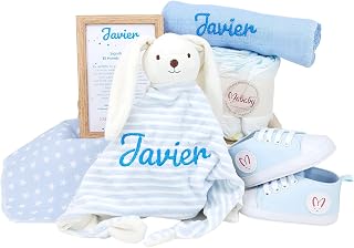 Canastilla Personalizada para Recien Nacido - Sneakers de Mababy - Dou dou Conejito y Muselina de lactancia personalizados y Par de Zapatillas de lona de Mababy - Regalos Bebé. (azul, 0-3 meses)