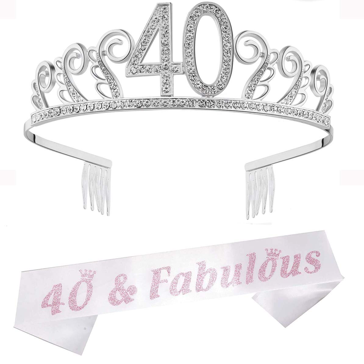 REYOK Tiara de 40 cumpleaños con diamantes de imitación, corona de cristal con peines, diadema plateada de 40 coronas para mujer, para regalo de 40 cumpleaños, accesorios de fiesta con banda blanca y rosa