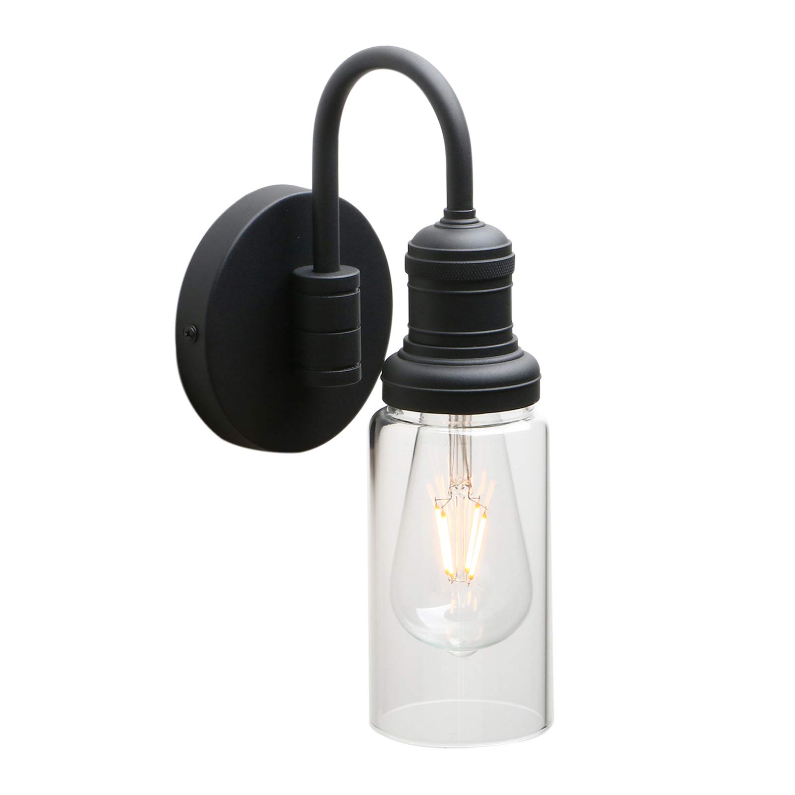 Yosoan Black Lighting Modern Vintage Industrial Globe Sconce Wall Light Fitting With Long Clear Glass Lampshade, For Office Home Kitchen Living Room Bedroom Loft Bar (Black)
