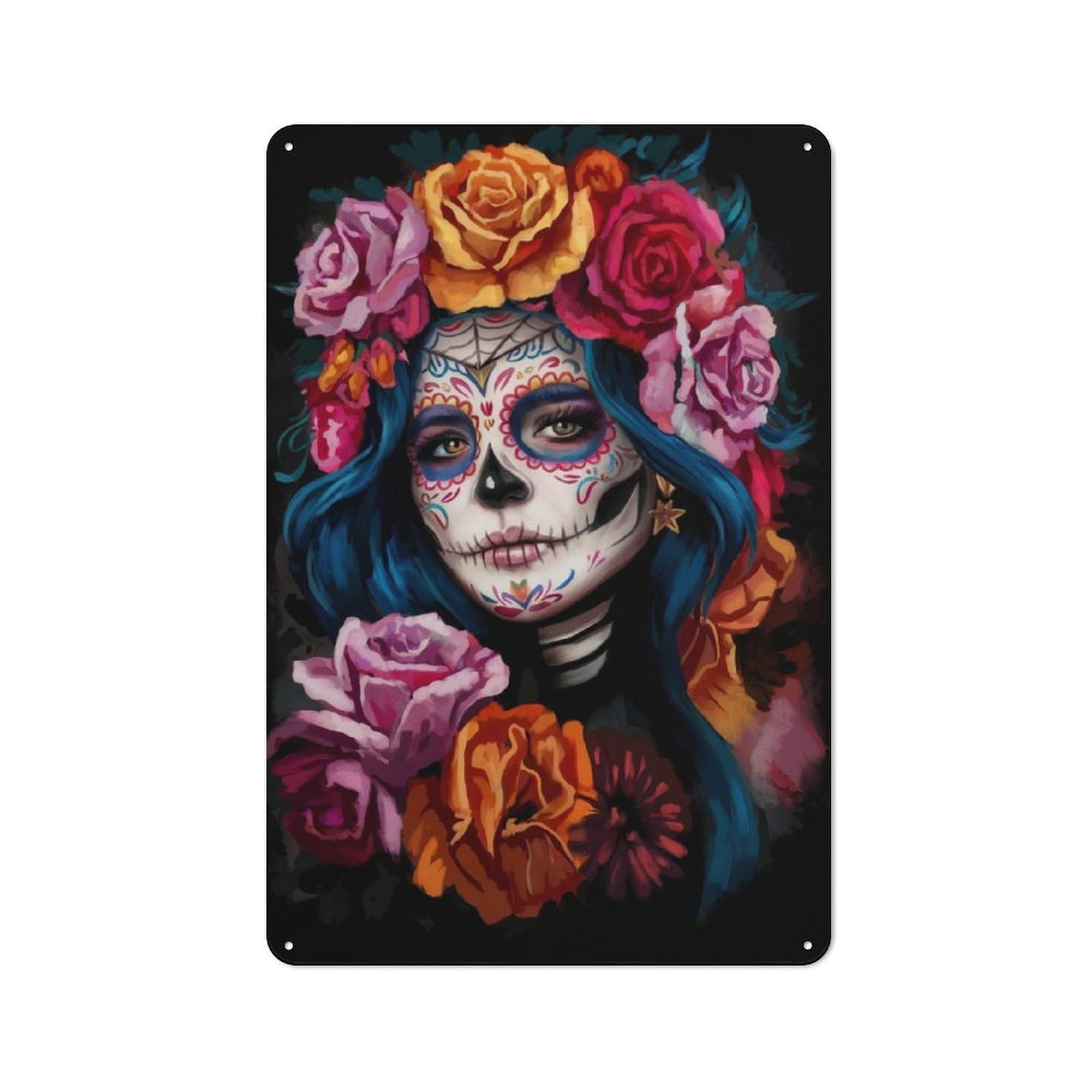 Junmoney Sugar Skull Woman With Flowers Rustic Metal Plaque 30X20cm For Guest Room Or Hallway, For Home Interiors, Feature Walls And Decorative Displays