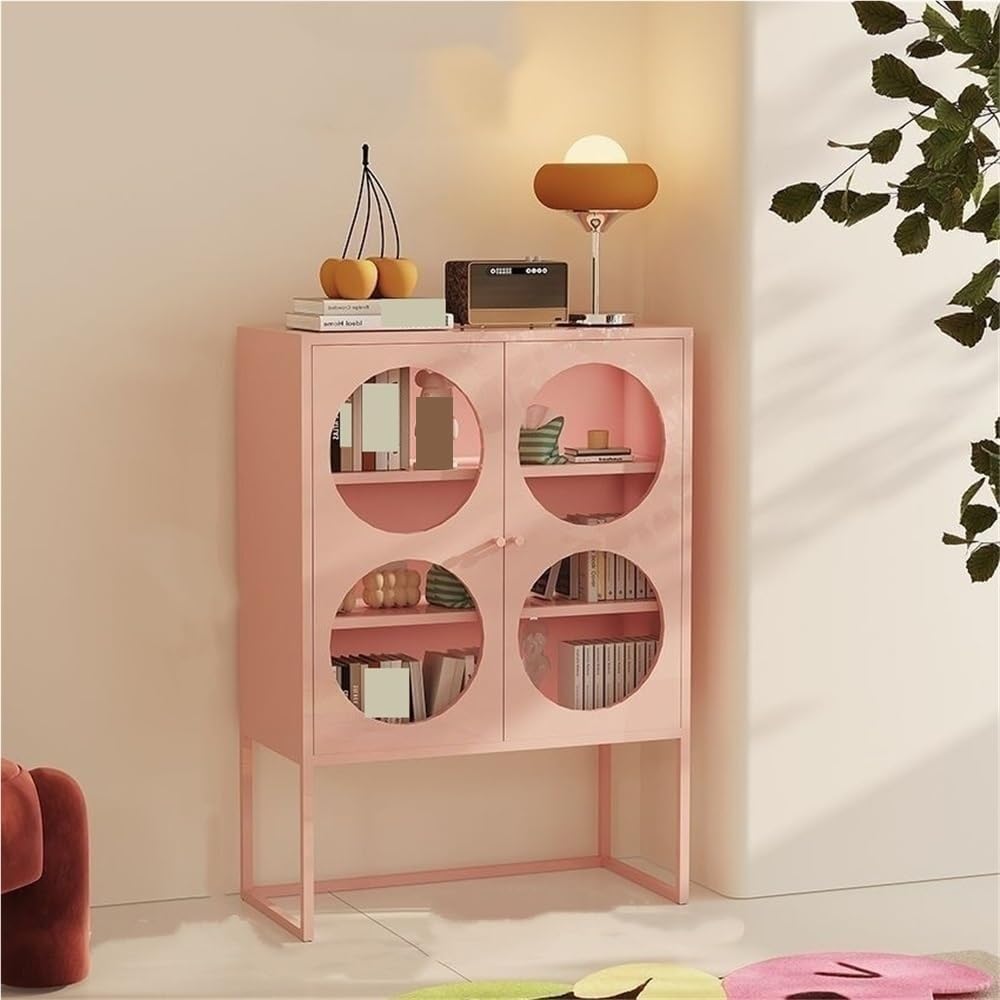 Metal Pantry Cabinet Buffet Sideboard Storage Cabinet with Glass Door for Living Room Kitchen Office Solid Construction(Pink)