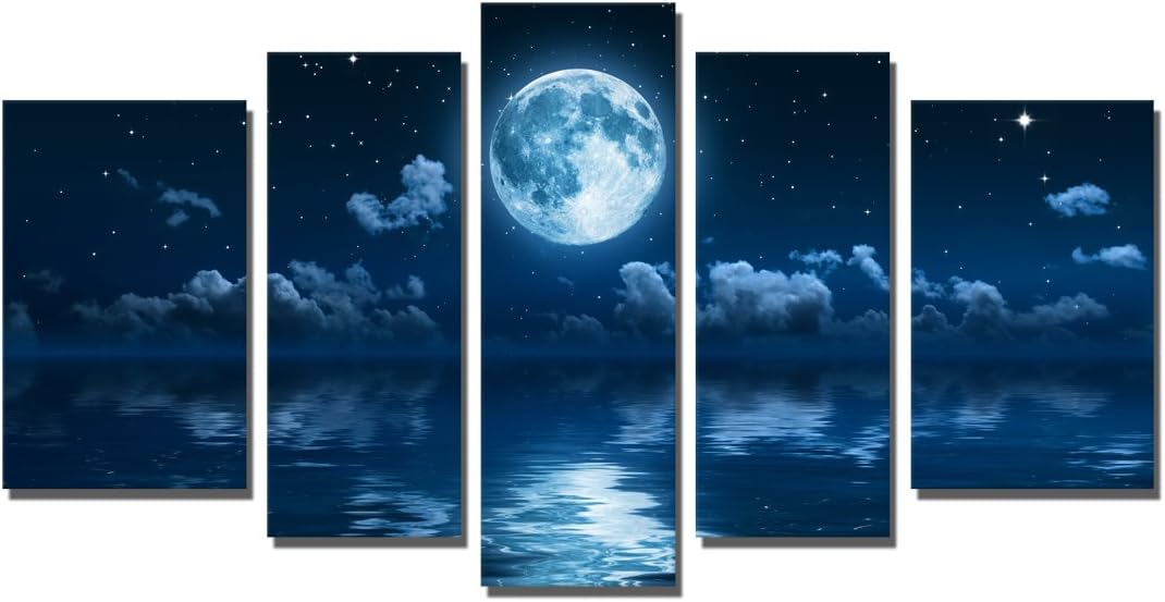 Yin Art 5-Panel Landscape Split Canvas Print Wall Art Set - Blue Seascape at Night with Full Moon Cloudy Starry Sky Over the Ocean Sea Water - Stretched and Framed Home Decor Ready to Hang