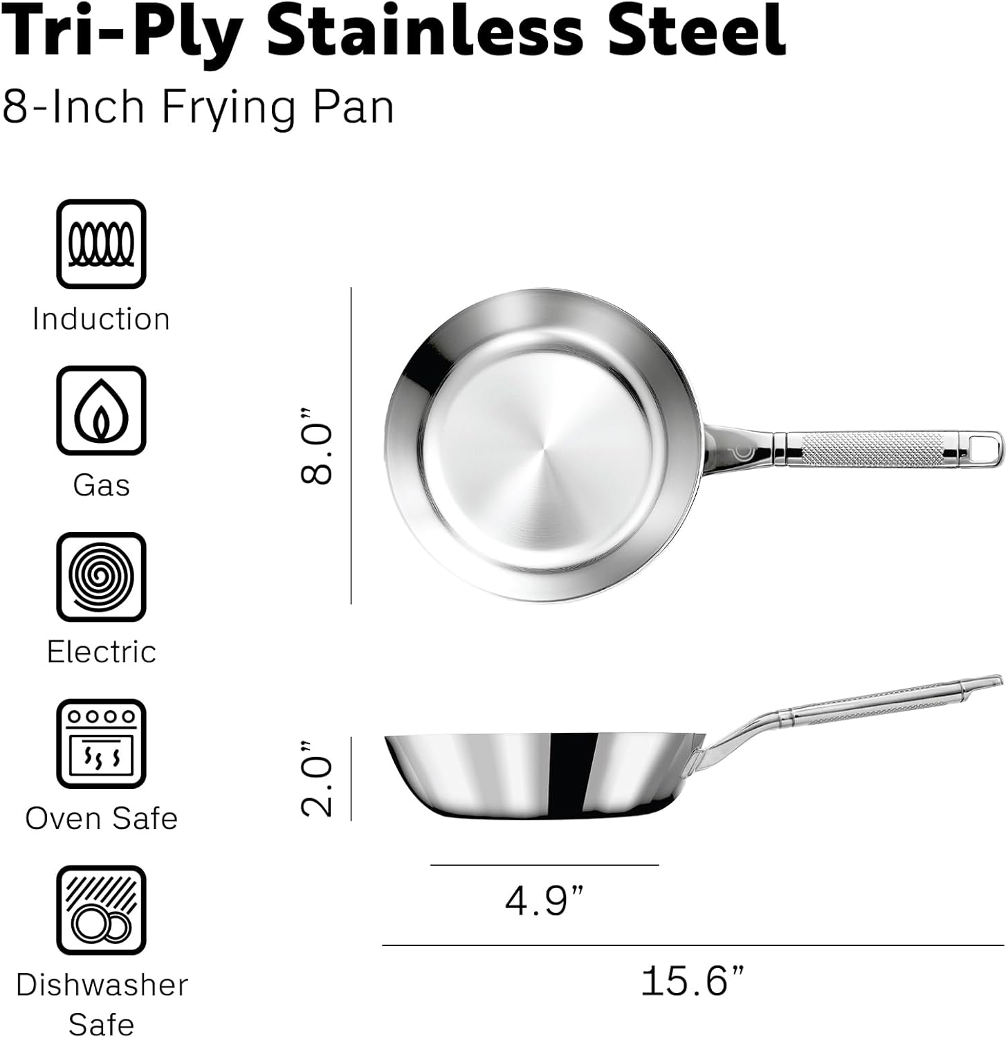 8 Inch Stainless Steel Frying Pan - Fully Clad Tri Ply Stainless Steel Pan with Heat Resistant Handle - Eggs, Omelettes - Coating-Free, Non Toxic Cookware, Induction, Dishwasher Safe