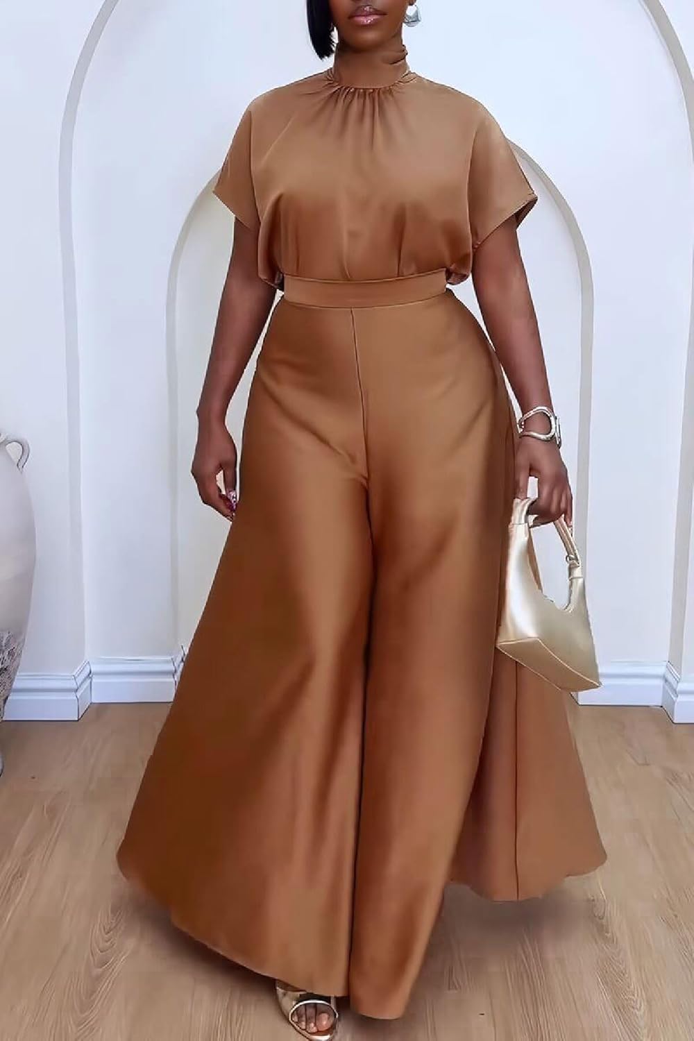 Seltaon Womens Summer 2 Piece Outfits Satin Short Sleeve Tops Wide Leg Palazzo Pants Vacation Going Out Sets - Image 2