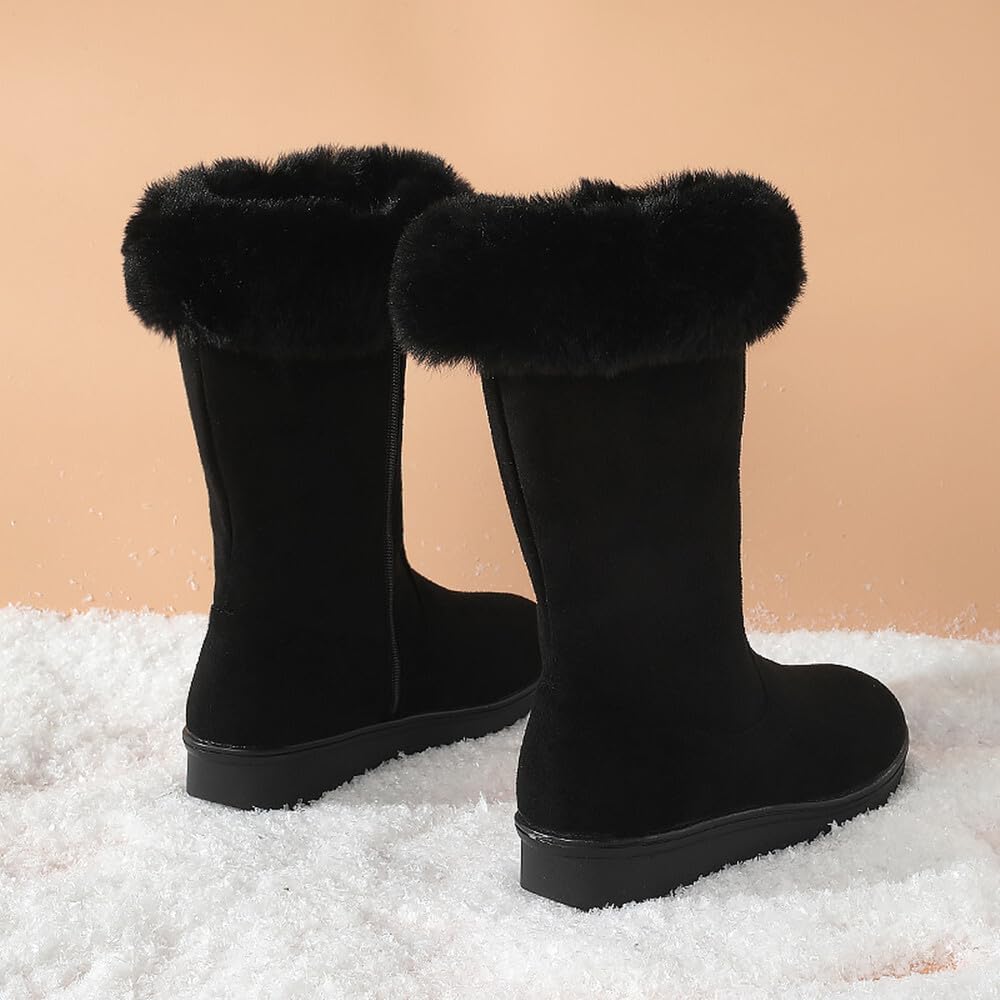 Winter Snow Boots for Women Mid-Calf Suede Boots with Side Zipper Warm Fur Lined Non-Slip Comfortable Outdoor Casual Booties