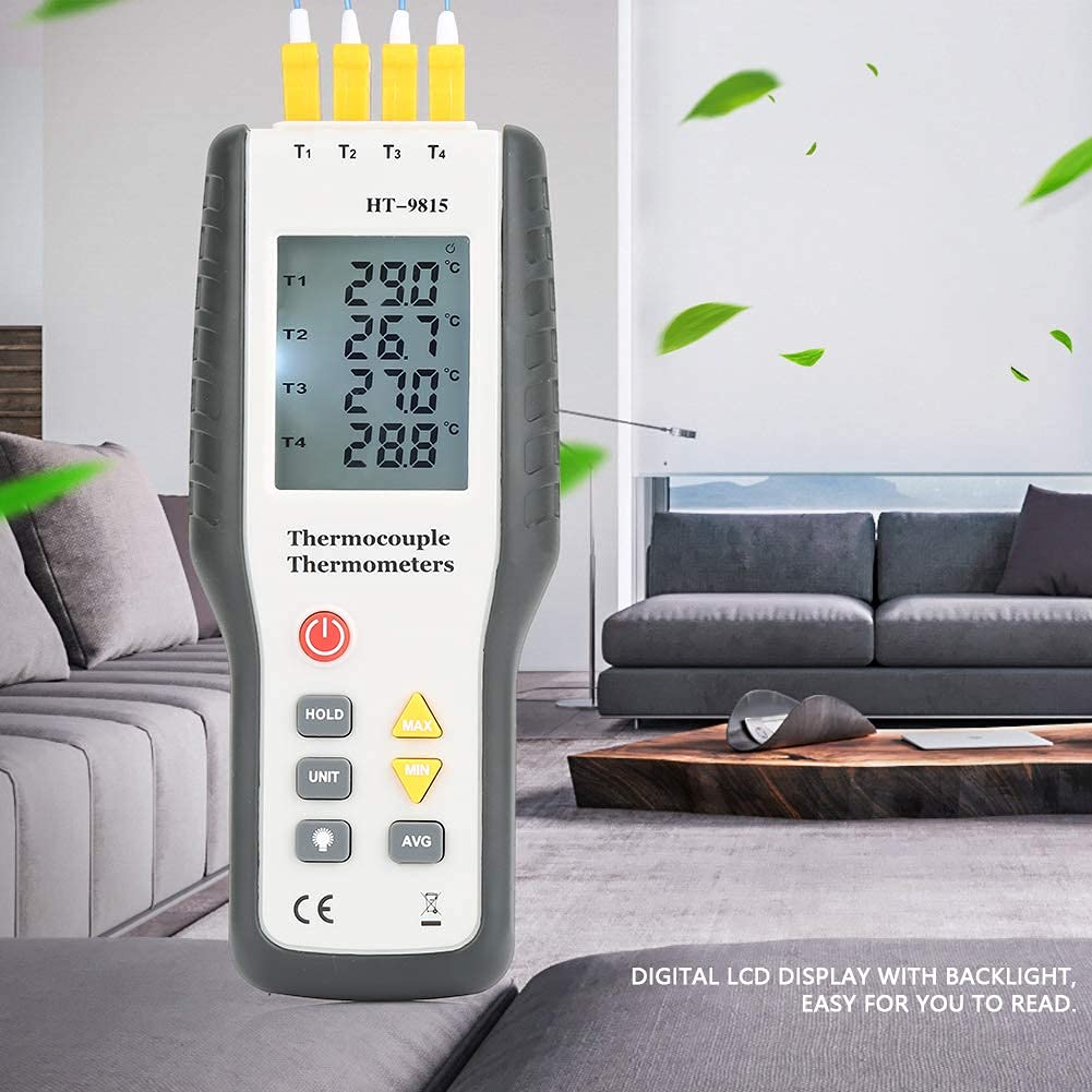 Digitales Thermometer, ° F, ° C, K-Temperaturmesser, 4-Kanal-Thermoelement-Sensorthermometer vom Typ K, digitales LCD-Display mit Hintergrundbeleuchtung für Luft- und Oberflächentemperaturen