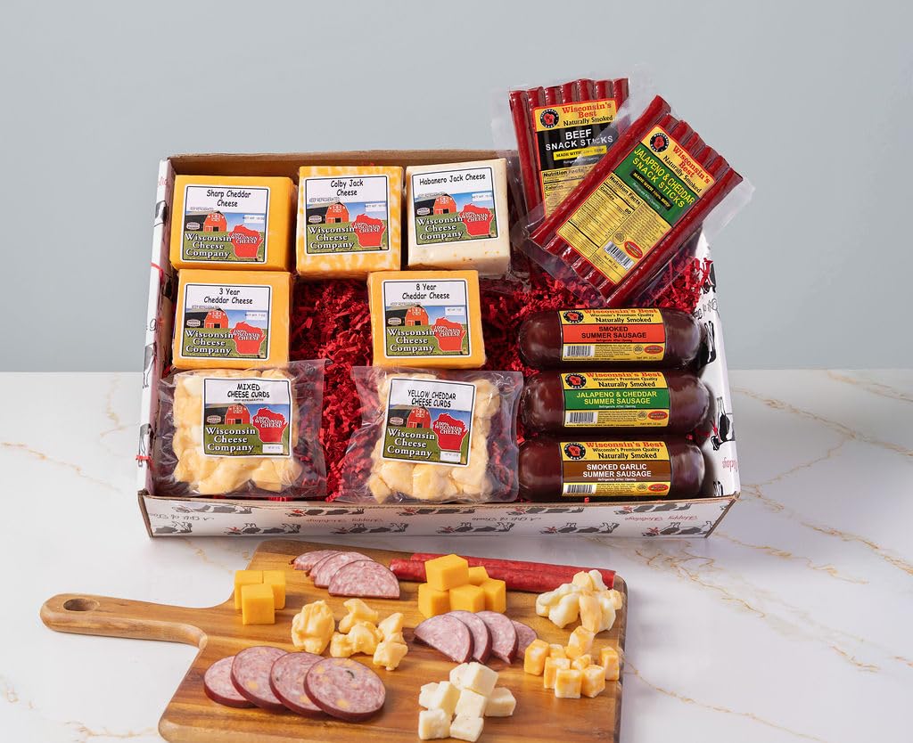 Wisconsin Cheese Company - Deluxe Party Gift Box - 100% Wisconsin Cheese, Meat Stick, Sausage & Cheese Curds | Huge Gift Box | Perfect for Parties, Charcuterie Boards, and Holiday Gifts