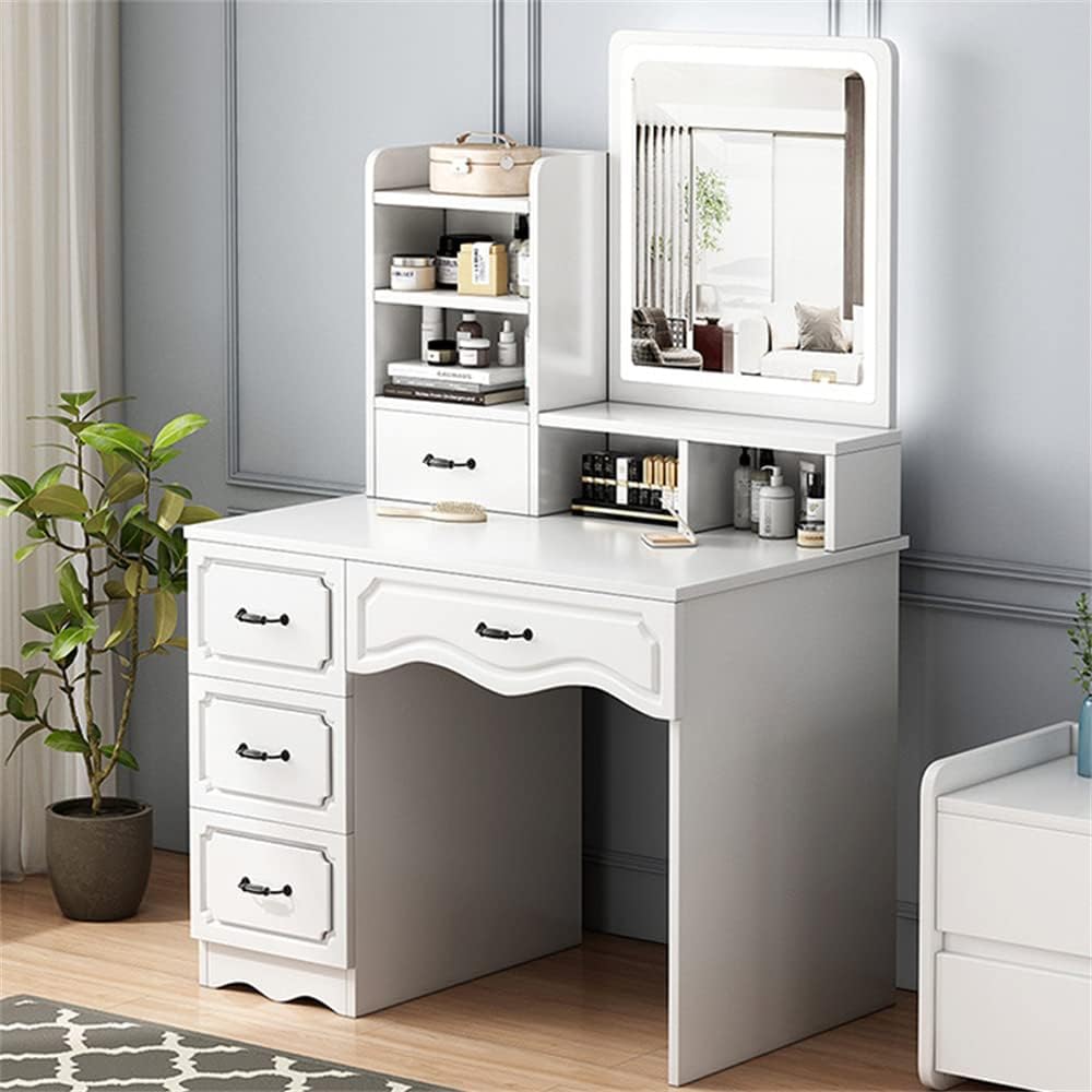 LITFAD Modern Makeup Vanity Desk Wood Bedroom Make-up Vanity with Drawer Nordic Dressing Table with LED Light - Makeup Vanity & Mirror 31" L x 16" W x 54" H White