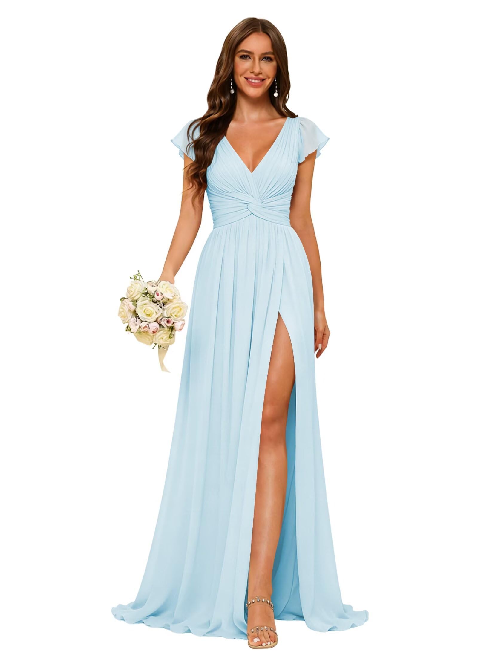 HUINI Brautjungfernkleid mit Schlitz Chiffon A-Linie V-Ausschnitt Lange Formelles Abendkleid