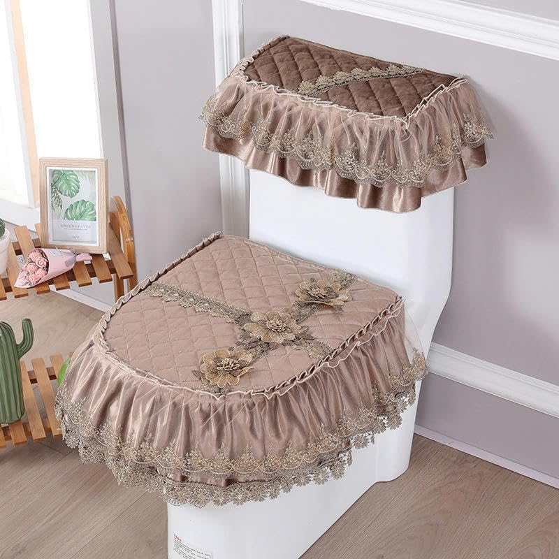 Toilet lid cover 3pcs/Set Lace Embroidery Coffee Flower Soft Toilet Lid & Tank Covers Seat Cover Pads Cushion Zipper -Typ(Coffee)