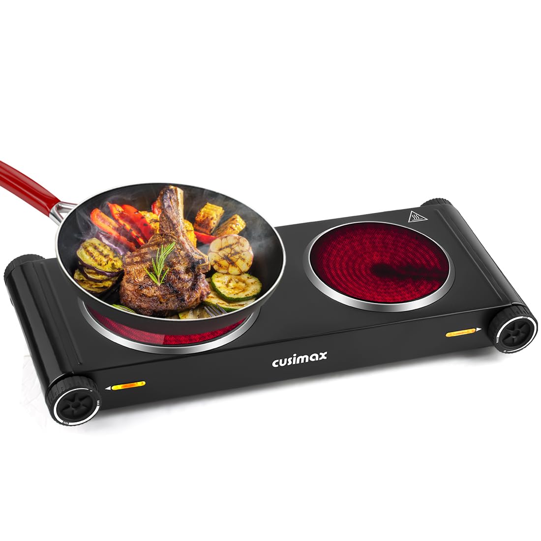 CUSIMAX Double Hobs with Concealed Handle, 2400W Electric Hob, Hot Plate for Cooking Portable Infrared Cooktop, Camping Hob, Dual Temperature Controls, Stainless Steel Body, Upgraded Version
