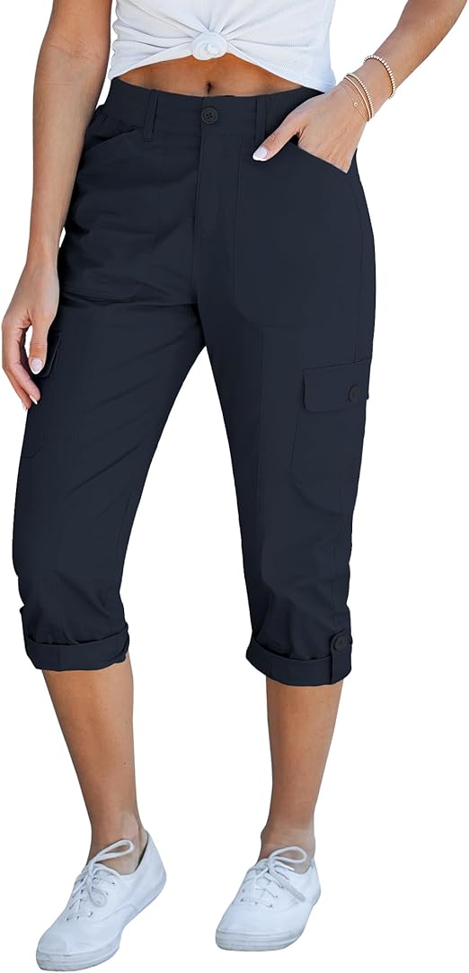 GRAPENT Cargo Capri Pants for Women High Waisted Relaxed Fit Elastic Knit Waist Casual Capris Trousers Cropped Pants