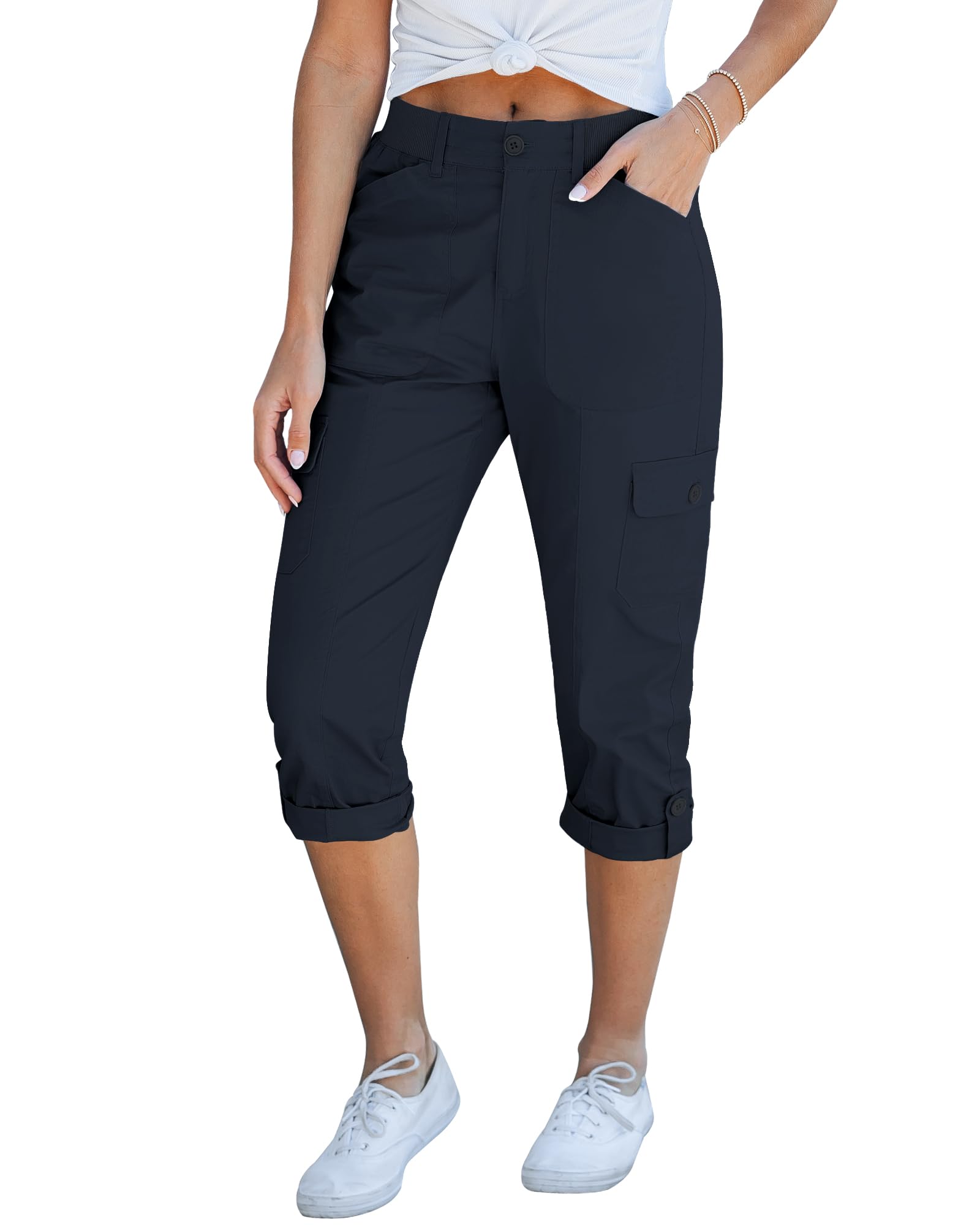 GRAPENT Cargo Capri Pants for Women High Waisted Relaxed Fit Elastic Knit Waist Casual Capris Trousers Cropped Pants