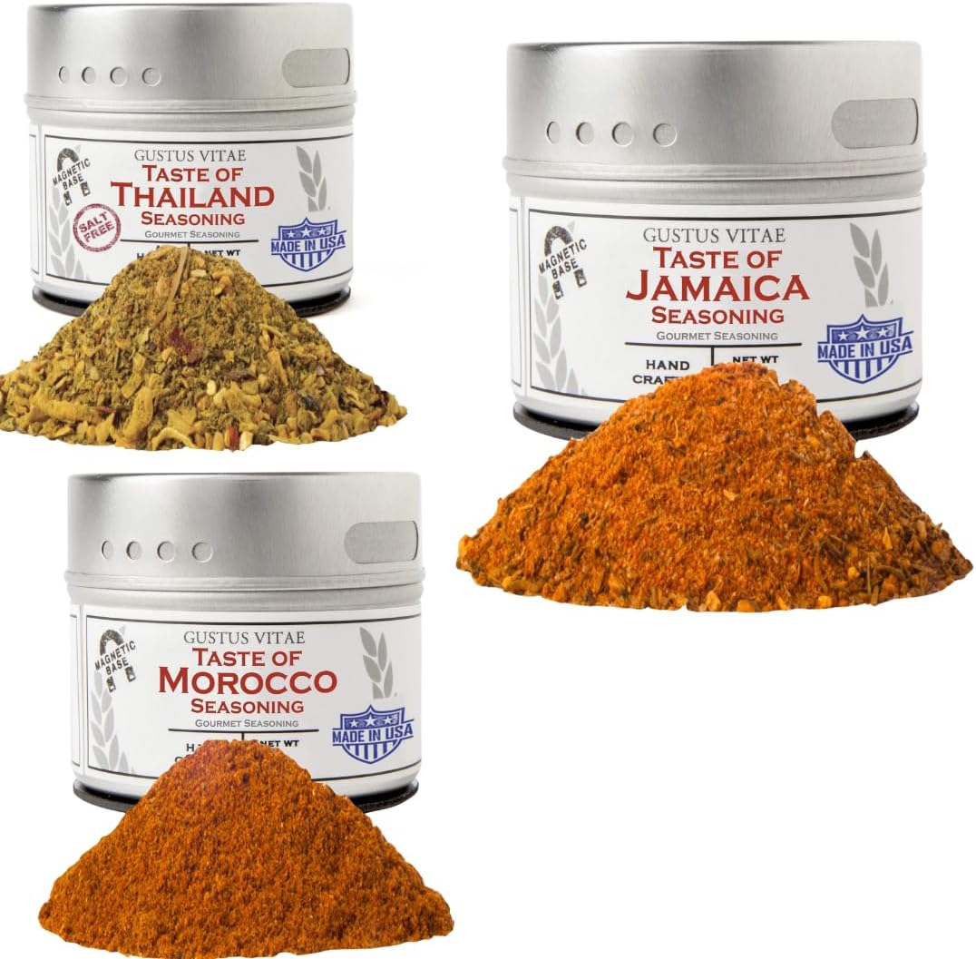 Taste Tour Spice Set – Jamaican Jerk, Moroccan Tagine & Thai Curry Blends | Global Gourmet Trio by Gustus Vitae