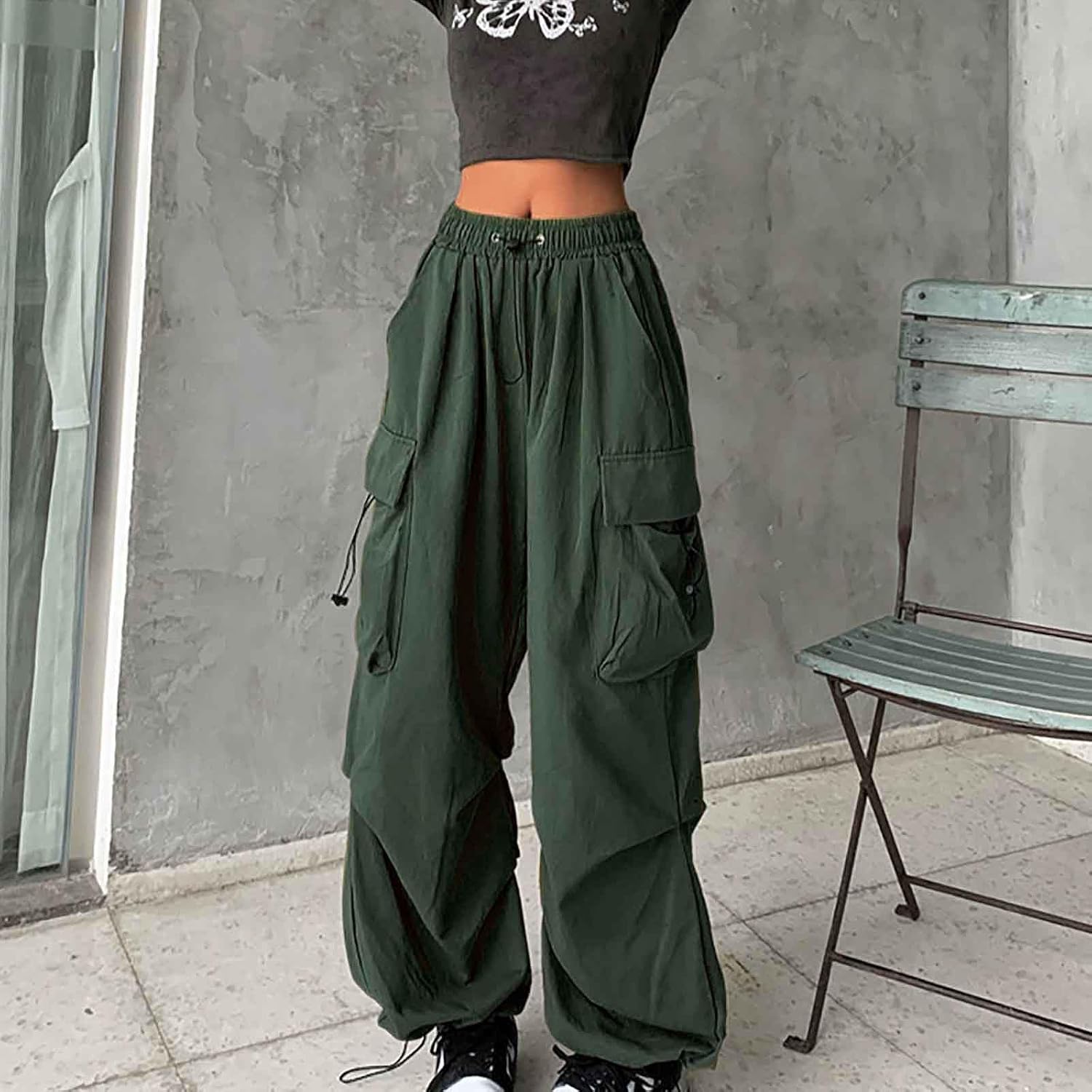 Plus Size Cargo Pants Women Lightweight High Waisted Parachute Pants Fashion Y2K Cargo Sweatpants Joggers