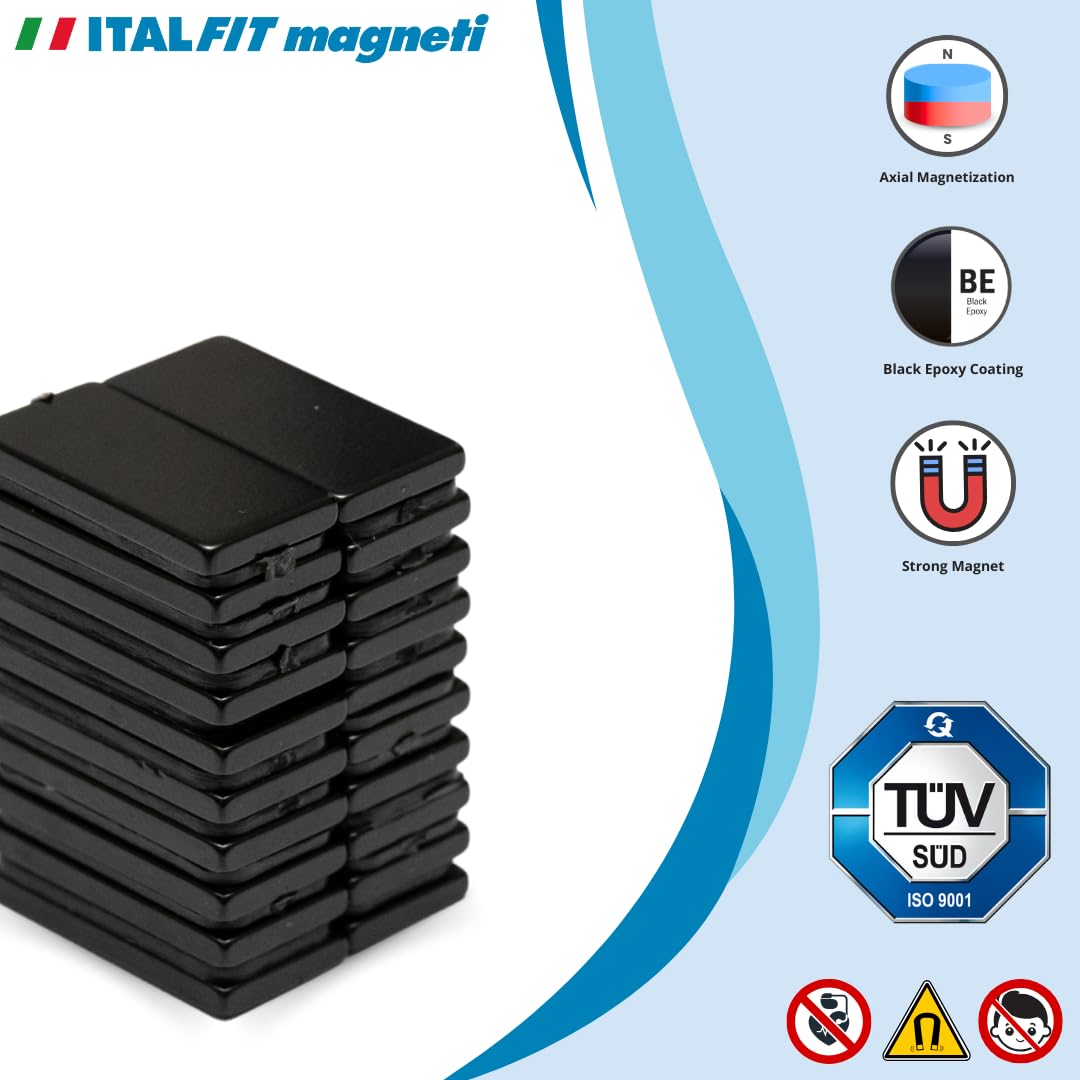 ITALFITMAGNETI | 60 pezzi - Magneti Black Neodimio Forza 1,95 Kg - Lunghezza 20 mm x Larghezza 10 mm x Spessore 2 mm per Frigo, Ufficio, Decorazioni, Hobbistica