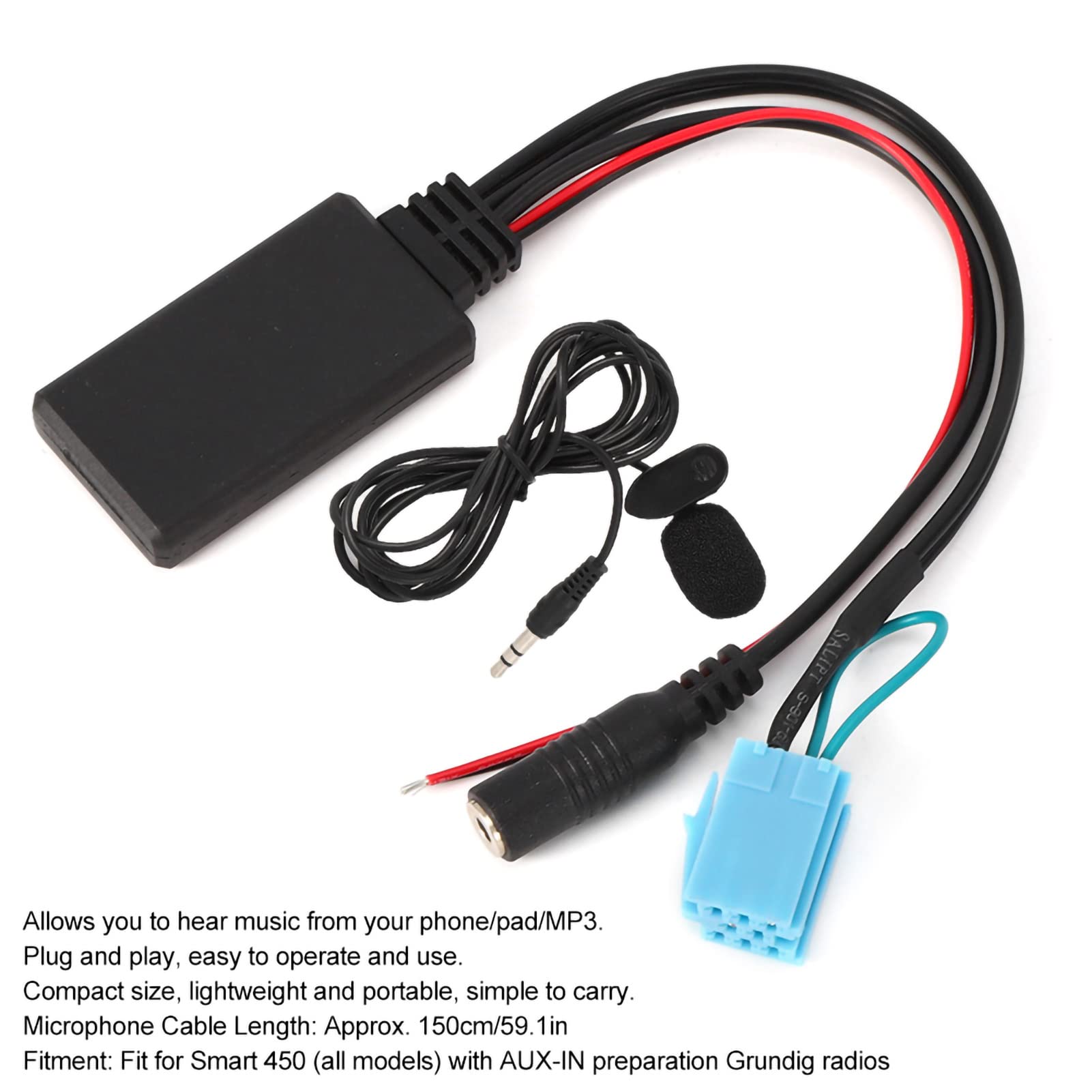 Qiilu Adattatore Bluetooth AUX IN 8 Pin con Microfono per Chiamate in Vivavoce Audio Stereo Cavo per Smart Fortwo 450