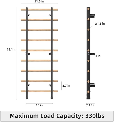 Miniatura 5 de DHT Wood Stall Bar, Swedish Ladder Suspension Trainer with 9 Strategic Rods, for Home, Gym, School and Clinics, Black