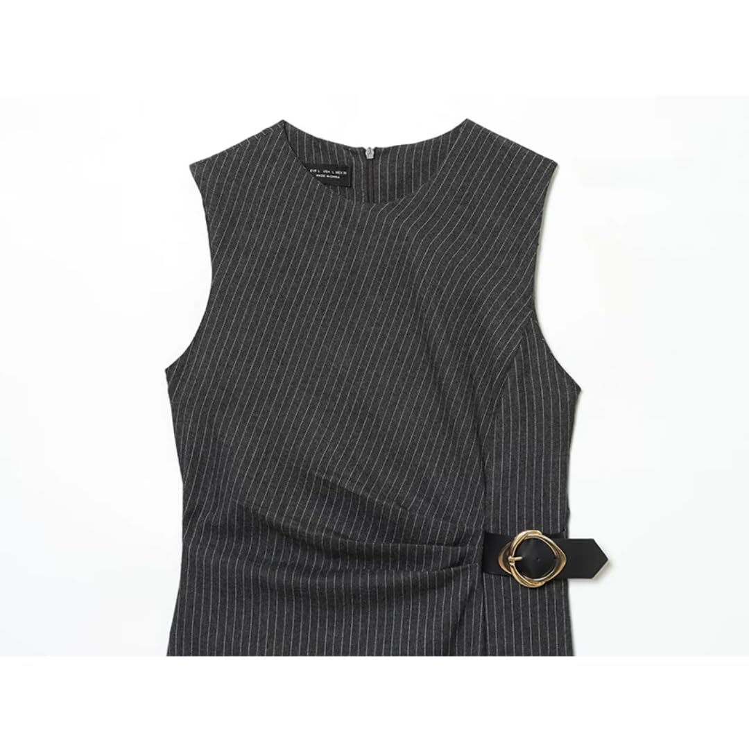 Vestido sin Mangas para Mujer, decoración de Hebilla de Moda, Vestidos Largos con Cuello de O Cuello Fruncido, Vestidos Midi Ajustados para Mujer