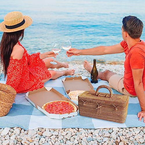 Wicker Suitcase Picnic Basket, Wicker Suitcase Basket with Liner, Wicker Rattan Storage Box with Handles, Vintage Rattan Handbag for Camping, Picnic