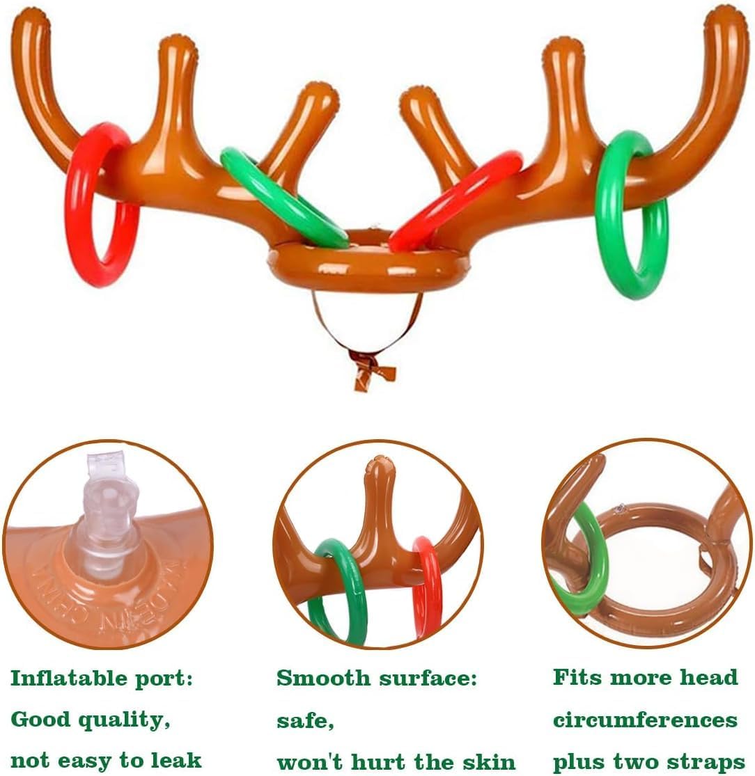 4 Pack Inflatable Reindeer Antler Ring Toss Game, Reindeer Ring Toss Game for Christmas Party, Family, Christmas Decoration, Xmas Fun Amusements (4 Antlers 16 Rings 1 Pump)