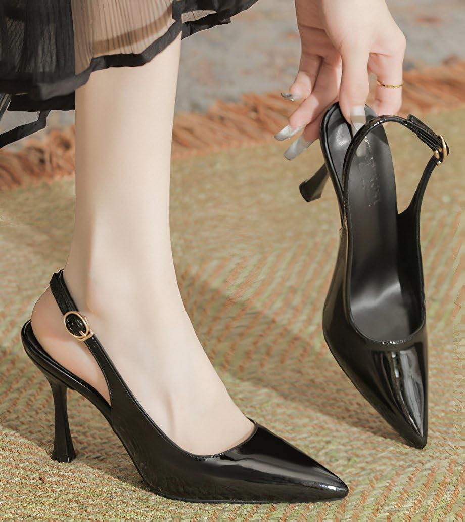 Escarpins Noirs Slingback avec Talon Aiguille 7 cm pour Femmes - Chaussures Pointues Élégantes - Idéales pour Soirée Et Mariage