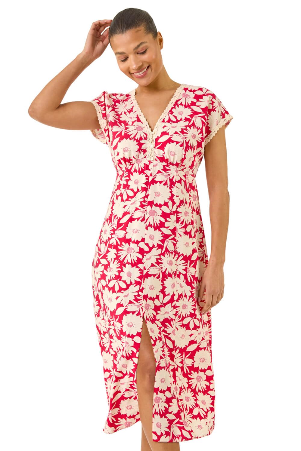 Roman Originals Women's Red Daisy Print Lace Trim Midi Dress For Uk - Everyday Holiday Spring Summer V-Neckline Comfy Soft Evening Vacation Work Party - Size 18