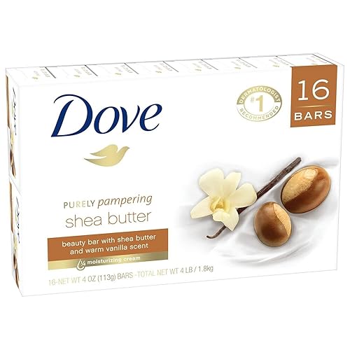 Dove Purely Pampering - Jabones en barra de manteca de karité de 16-4 onzas, aroma cálido a vainilla, 64 onzas, blanco