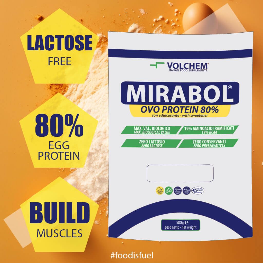 Volchem Mirabol Ovo Protein 80, Integratore Alimentare con Proteine dell'Uovo, 80% Purezza, 19% Aminoacidi Ramificati, Senza Lattosio e Conservanti, Busta con Polvere Solubile, Gusto Crema, 500 g