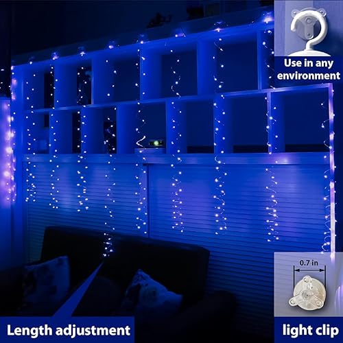 Miniatura 6 de ZSJWL Guirnalda de 300 luces LED azules con control remoto, 8 modos de 9.8 × 9.8 pies, impermeable, enchufe USB, luces de alambre de cobre para