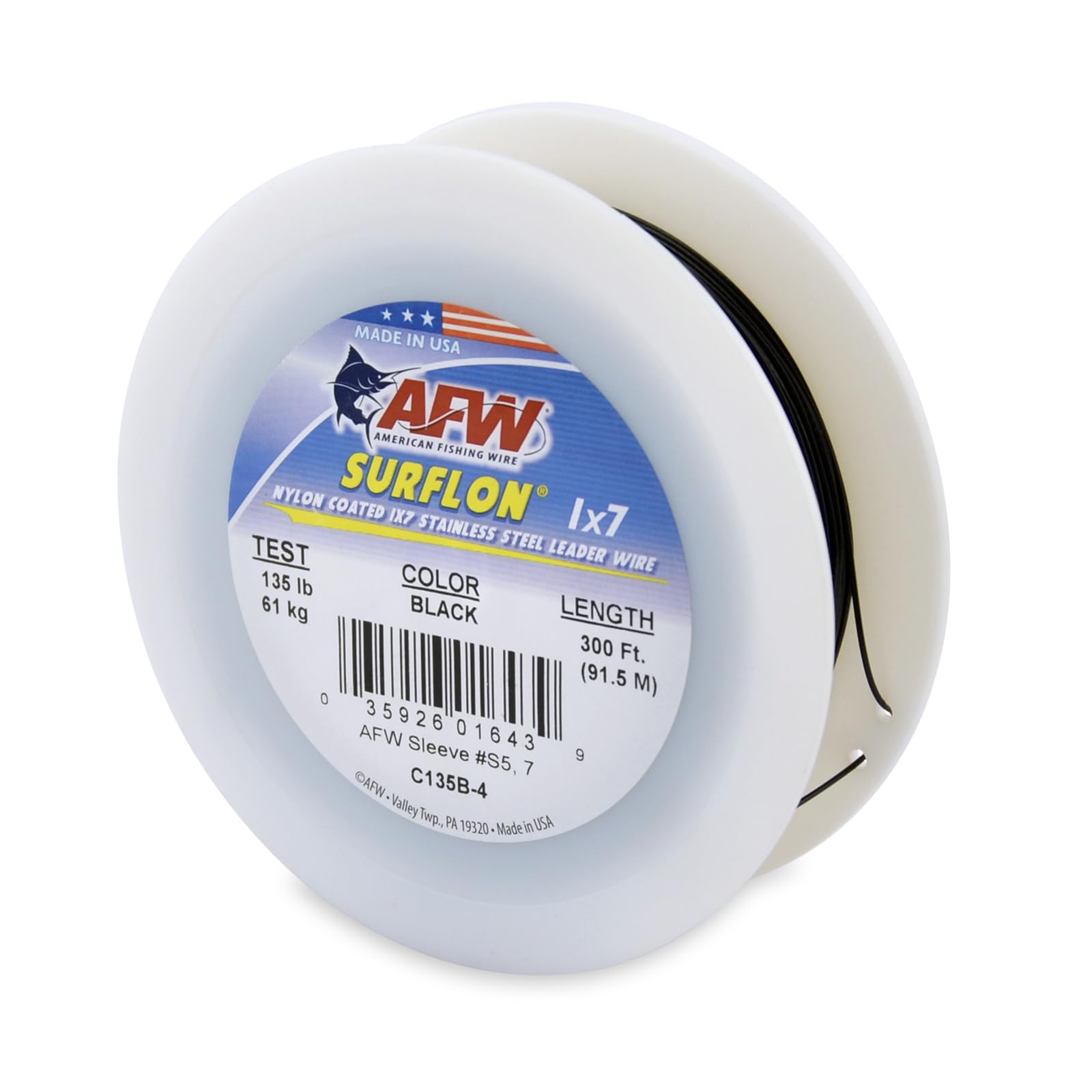 American Fishing Wire Surflon, Nylon Coated 1x7 Stainless Steel Leader Wire, 135 lb Test, .041" Diameter, Black, 300 ft