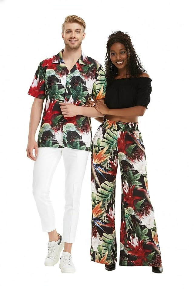 Matchable Couple Hawaiian Luau Shirt or Wide Legged Pants with Pockets in Tropical Twilight