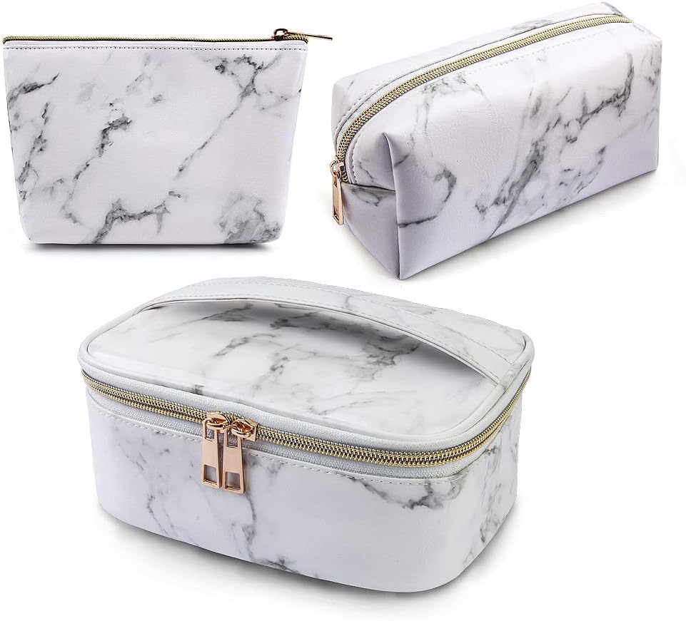 MAGEFY 3Pcs Makeup Bags Portable Travel Cosmetic Bag Waterproof Organizer Multifunction Case with Gold Zipper Marble Toiletry Bags for Women