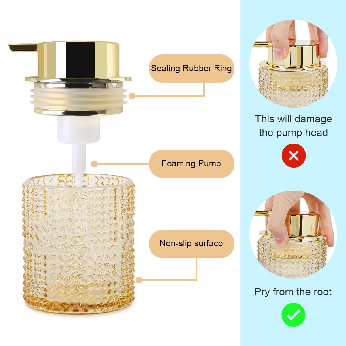 Schaumseifenspender aus bernsteinfarbenem Glas, 2 Stück, nachfüllbarer Schaumseifenspender mit goldfarbener Pumpe, Glas-Lotion-Behälterflasche für Küche und Badezimmer, breite Öffnung und