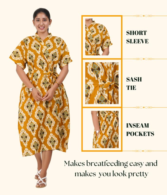 Image of MENMAII Cotton Feeding Robe for Women | Soft Breathable Maternity & Nursing Wear | Front Open Easy Feeding Access | Comfortable Nightwear for New Moms|Calf Length [Size: L,XL,XXL,3XL /FS]
