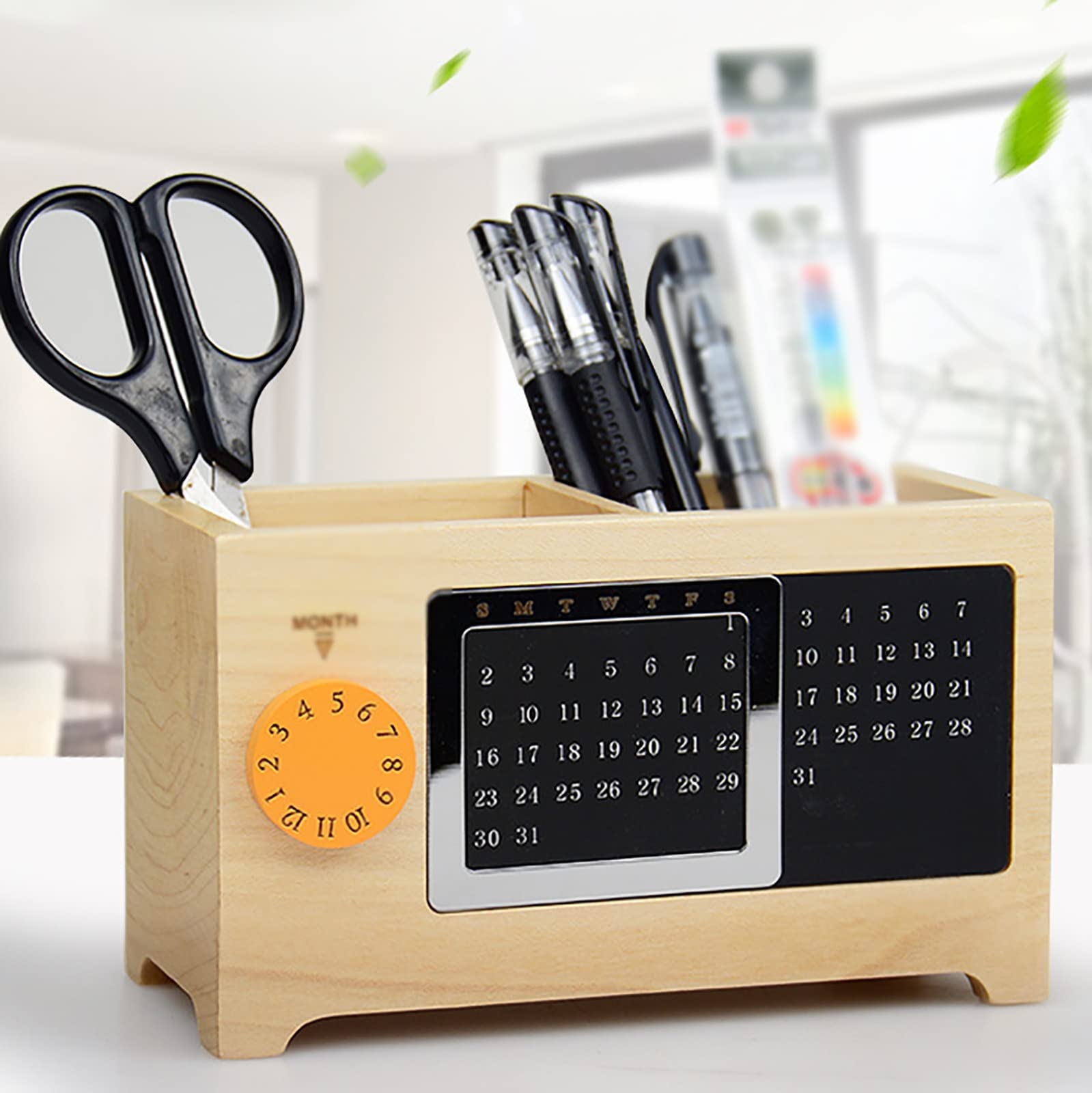 Bleistifttopf aus Holz Ewiger Kalender Stifthalter aus Holz Organizer für Homeoffice(Natural)