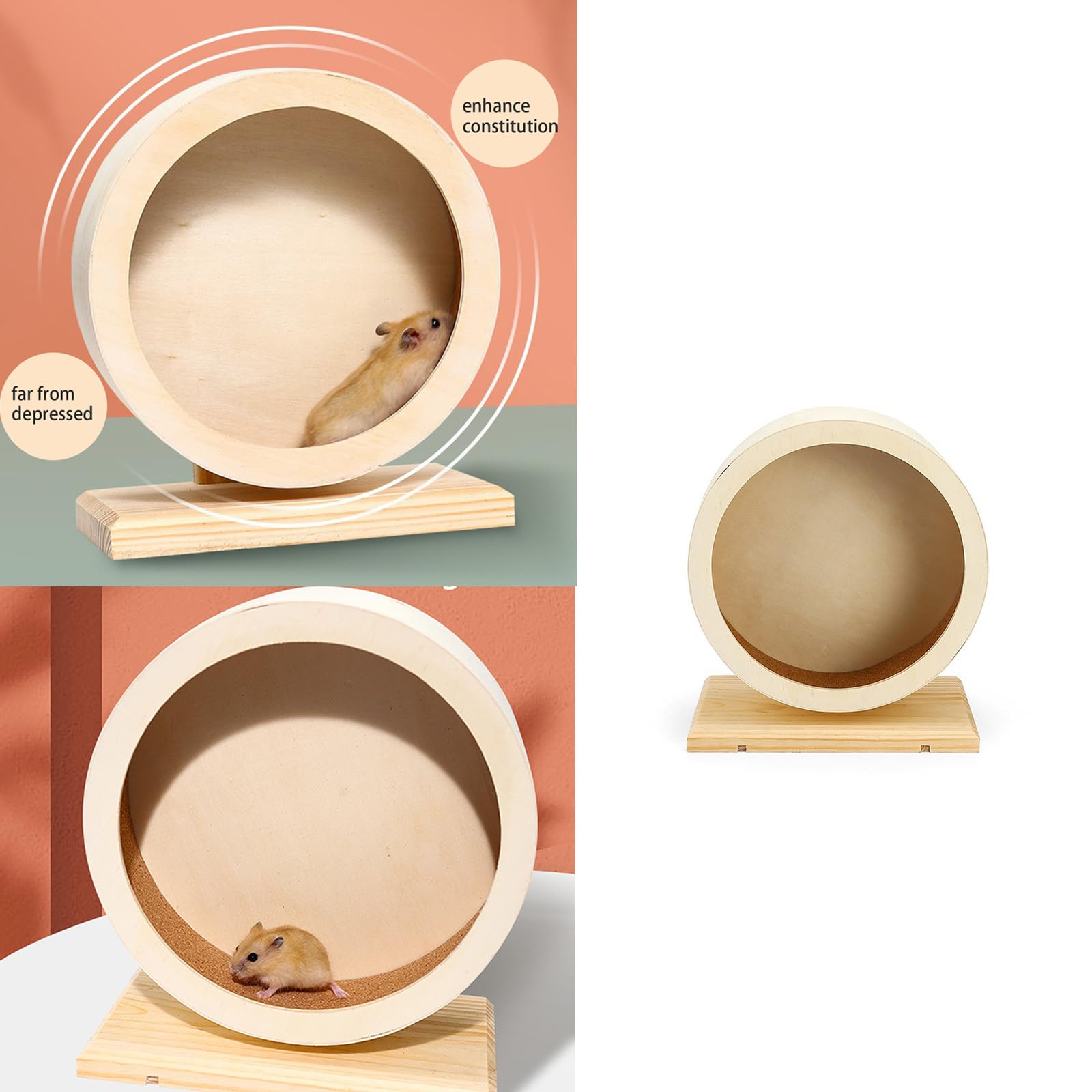 Rueda silenciosa para hámster, juguete de madera para ejercicio para mascotas pequeñas con base estable, divertido juguete de entretenimiento