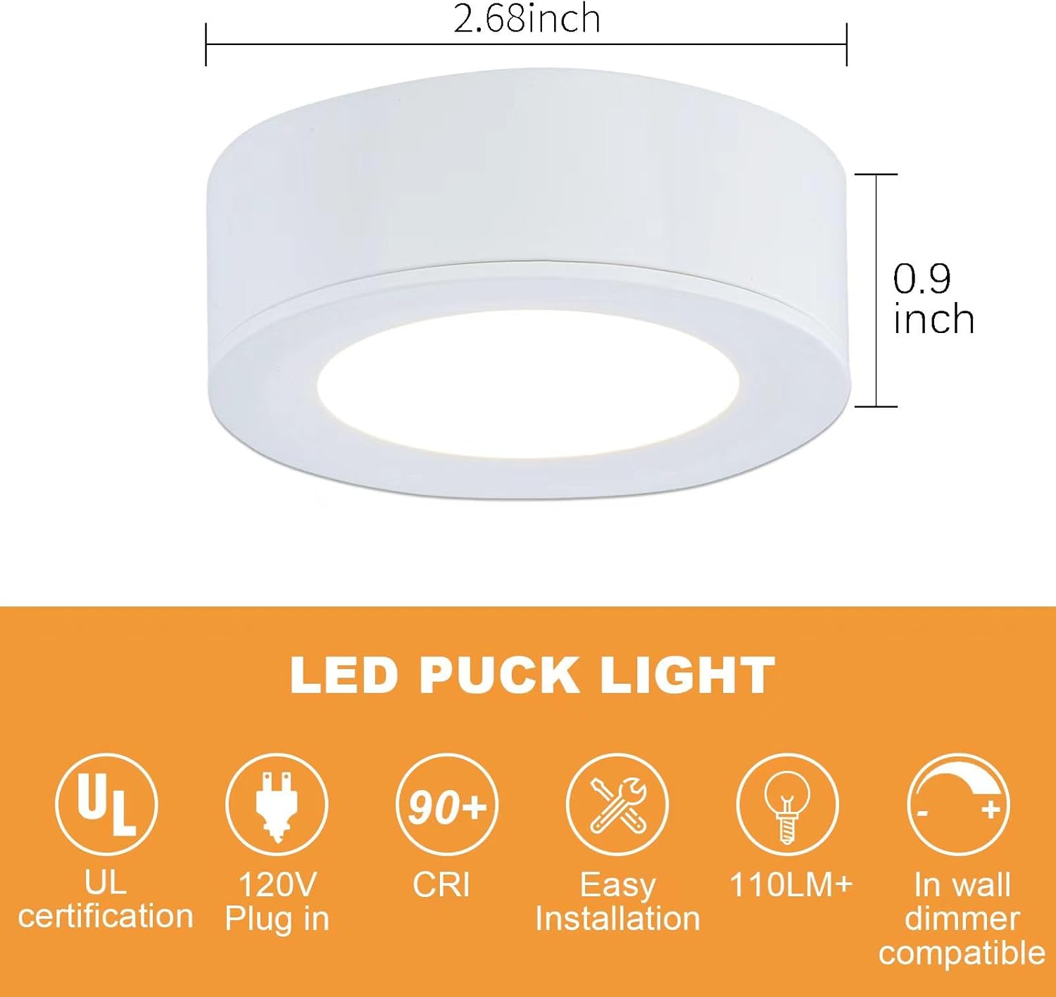 LUMILAND Wired LED Puck Lights 120V (2.7Wx3) Plug-in Lighting Warm White, LED Cabinet Light for Kitchen Can Be Surface Mount or Recess Mount, White