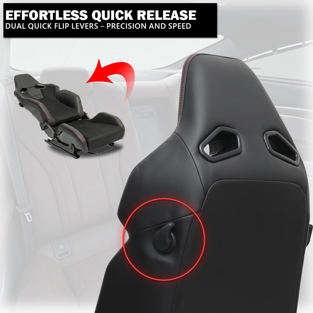 Spec-D Tuning Black PU Leather + Premium Suede w/Red Stitching, Fully Reclinable Racing Seat w/Dual Sliders, Pair, 4 Point Harness Compatible, 2 Seats