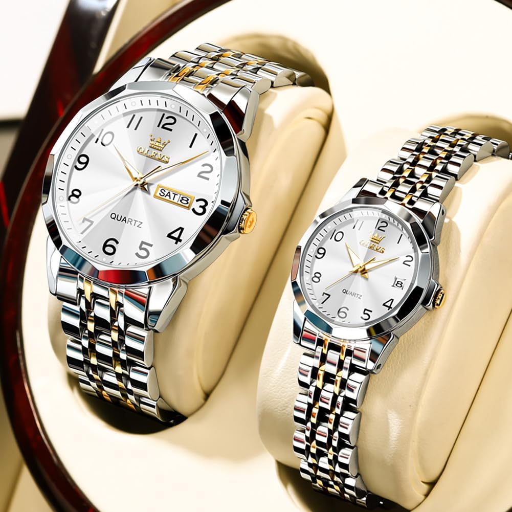 OLEVS Valentines Couple Pair Quartz Watches Luminous Calendar Date Business Dress Luxury His and Hers Wristwatch Waterproof Casual Stainless Steel Lovers Wedding Romantic Watches - Image 4