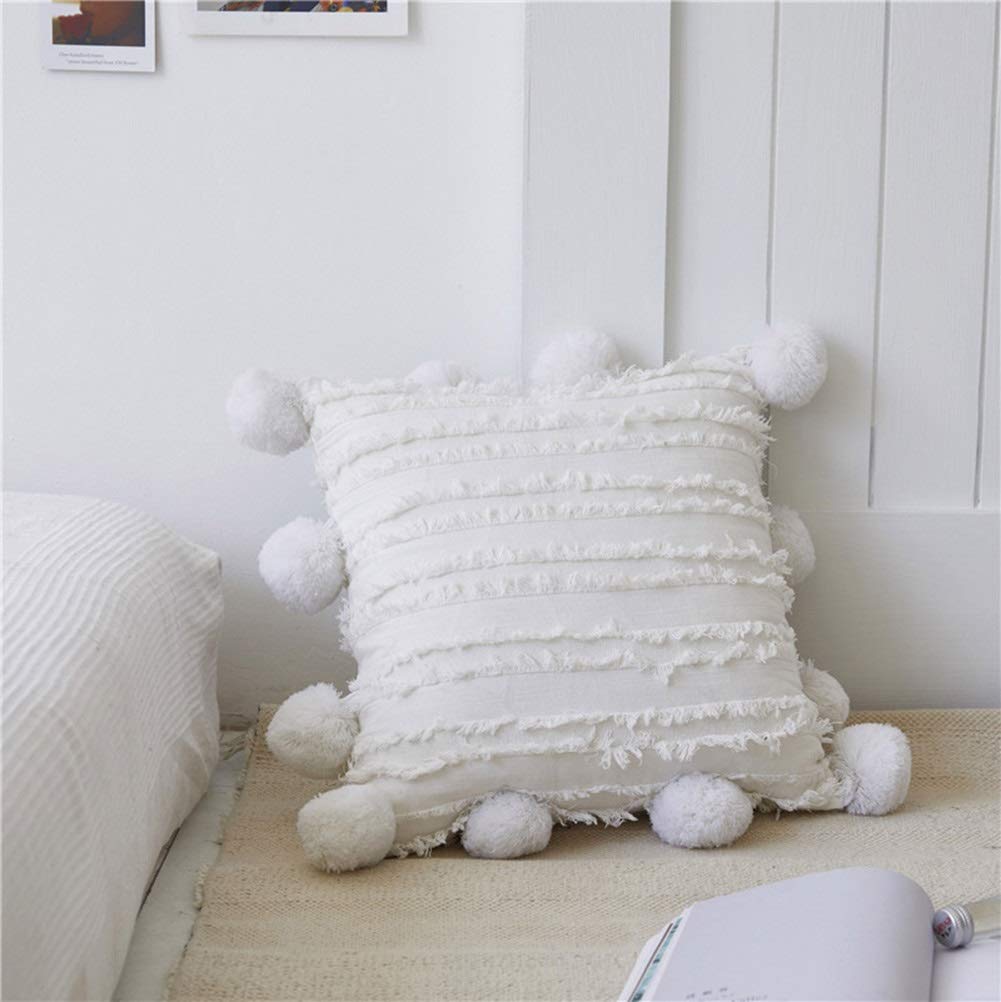 MiDuoHU Linen Throw Pillow Cushion Covers 45x45cm Nordic Plush Jacquard Pompoms Decoration Craft Decorative pillow Case, Hotel and Homestay Sofa Cushion Cover(White)
