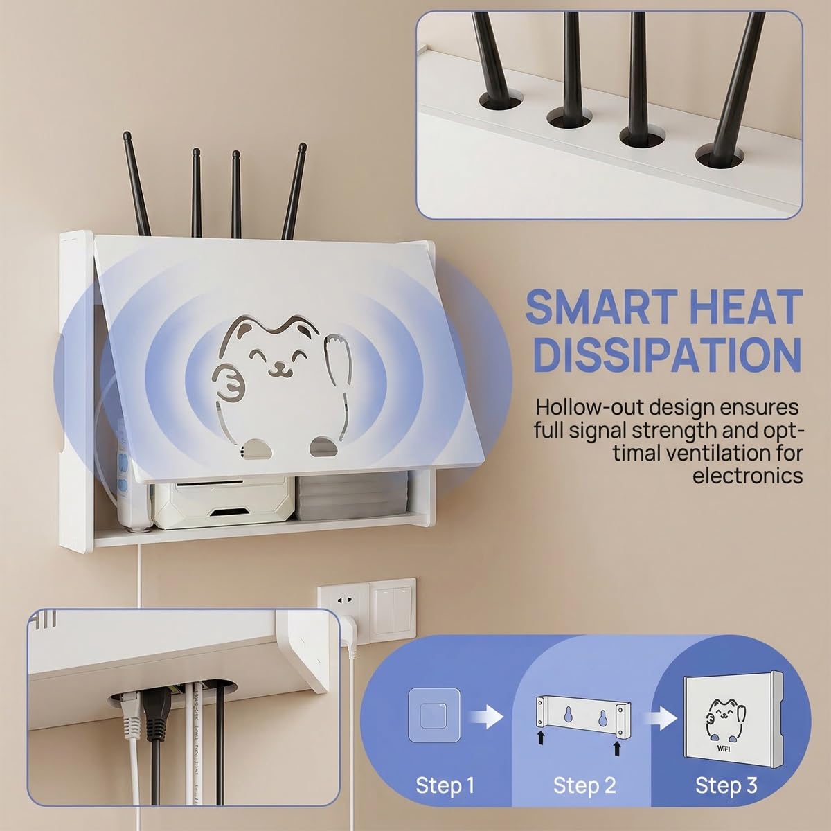 Support Mural pour Routeur, Rangement Box Internet avec Design Chat Porte-Bonheur, Cache Modem WiFi pour Gestion des Câbles, Blanc(18.9"x 3.74"x14.96")