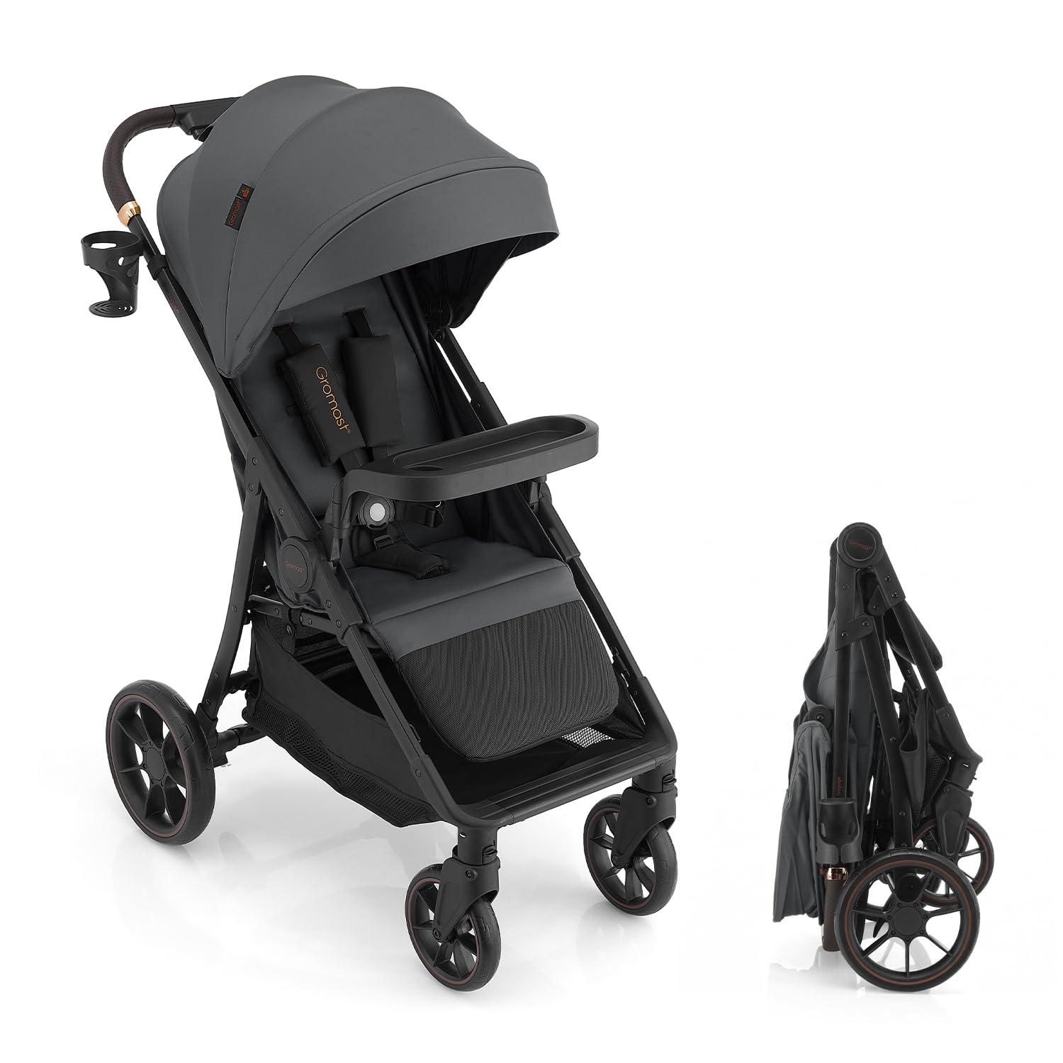 Gromast Baby Stroller with Detachable Snack Tray, Oversized Seat for Newborn to 4 Years, One-Hand Fold Travel Stroller w/Big Wheels, Adjustable Backrest, UPF 50+ Canopy & Cup Holder – Gray