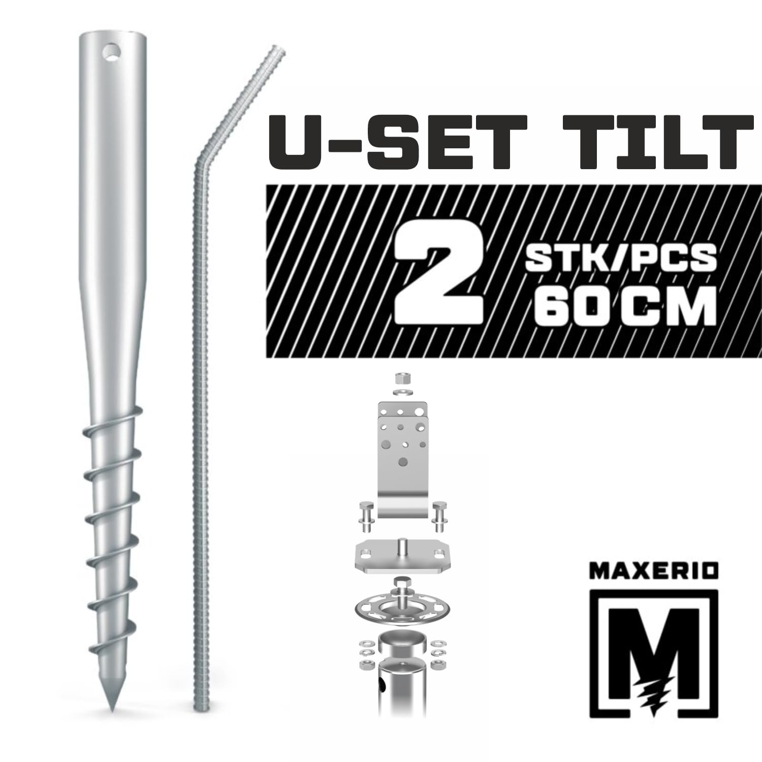 Lot de 2 fondations à vis TILT 60 cm support poteau 9 cm angle U galvanisé à chaud diamètre 60 x 2 mm M12