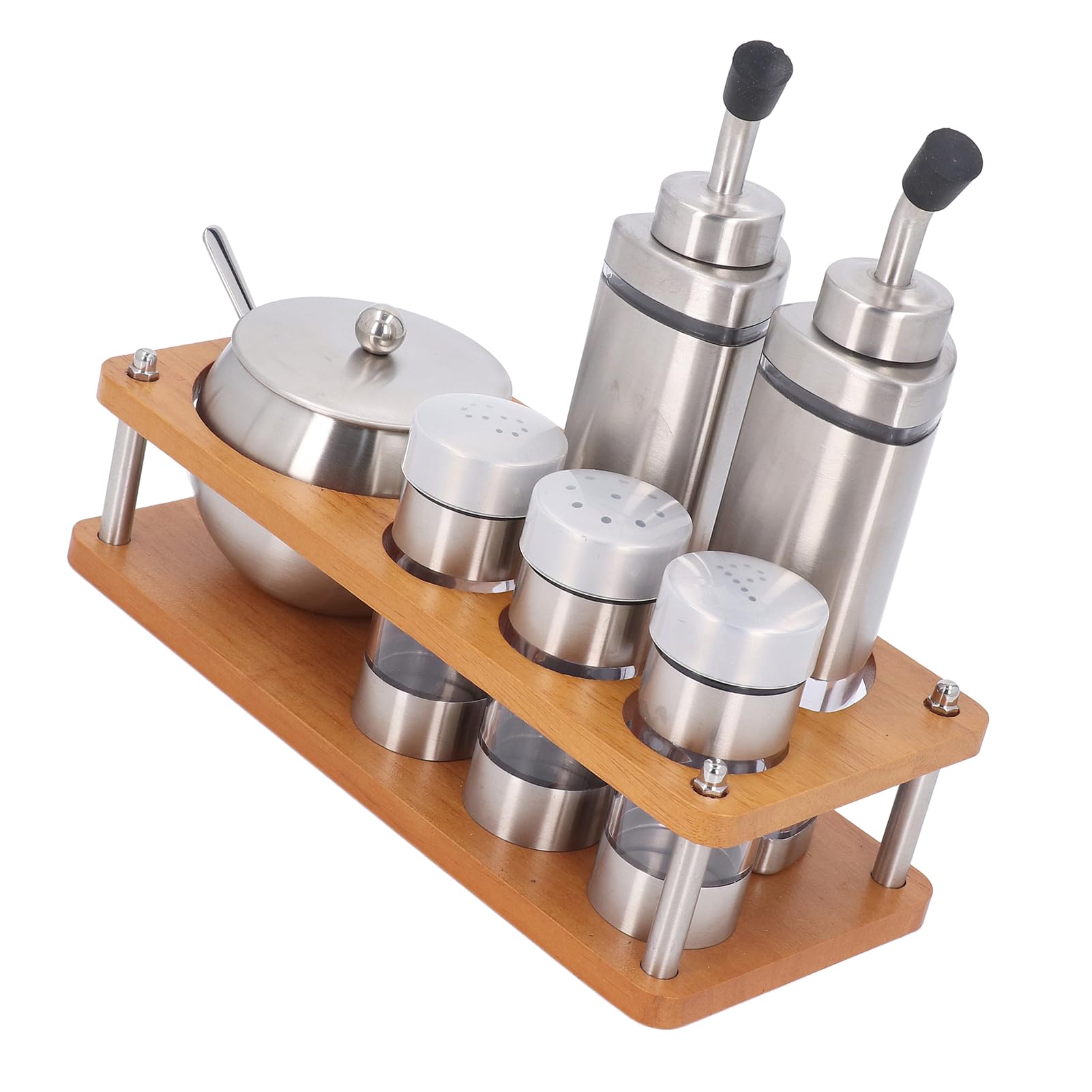 Öl- und Essigspender-Set, 304 Edelstahl und Holzsockel, 6-teiliges Küchengewürzspender-Set mit Dichtleistung und Einfacher Reinigung für Verschiedene Gewürze,