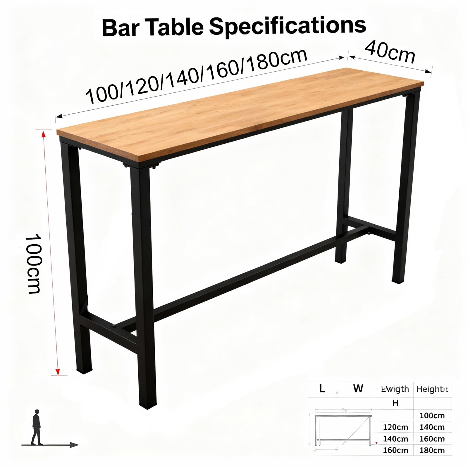 Table de bar en bois massif de 2 cm d'épaisseur pour cuisine, petit déjeuner, bar, pub, salle à manger, table haute avec cadre en métal, couleur châtaigne, supporte 150 kg, parfaite pour la maison et