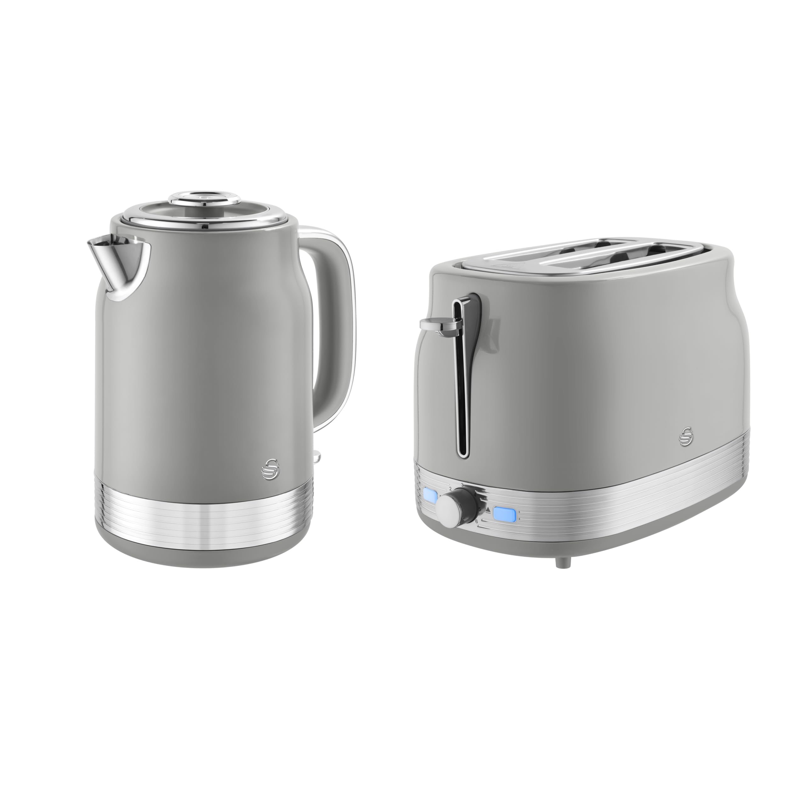 Swan Retro Kitchen Set, 1.7L Rapid Boil Kettle with Removable Limescale Filter and 930W 2-Slice Toaster with 6 Browning Levels, Grey, SK19025GRY & ST19028GRY