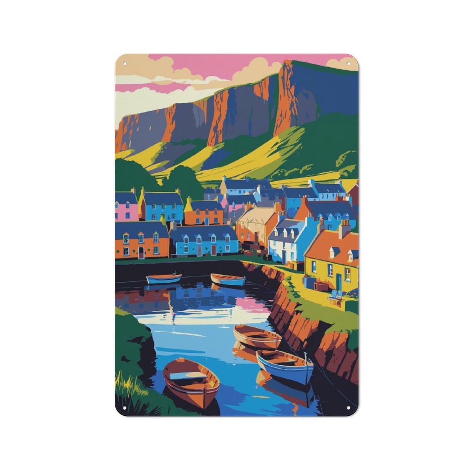 Junmoney Style-10 Tin Wall Plaque 30X20cm With Colorful Coastal Village With Boats For Home Office Or Studio, New Home Wall Decor For Home Office Decor Fans