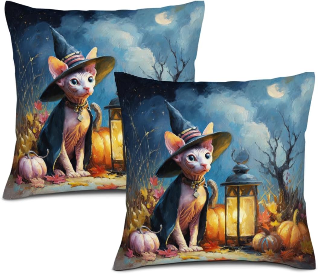 Halloween Sphynx-Cat Pillow Cover 28x28 Set of 2 Throw Pillowcases Outdoor Halloween Decorations Pillows for Cushion Case Couch Sofa Fall Autumn